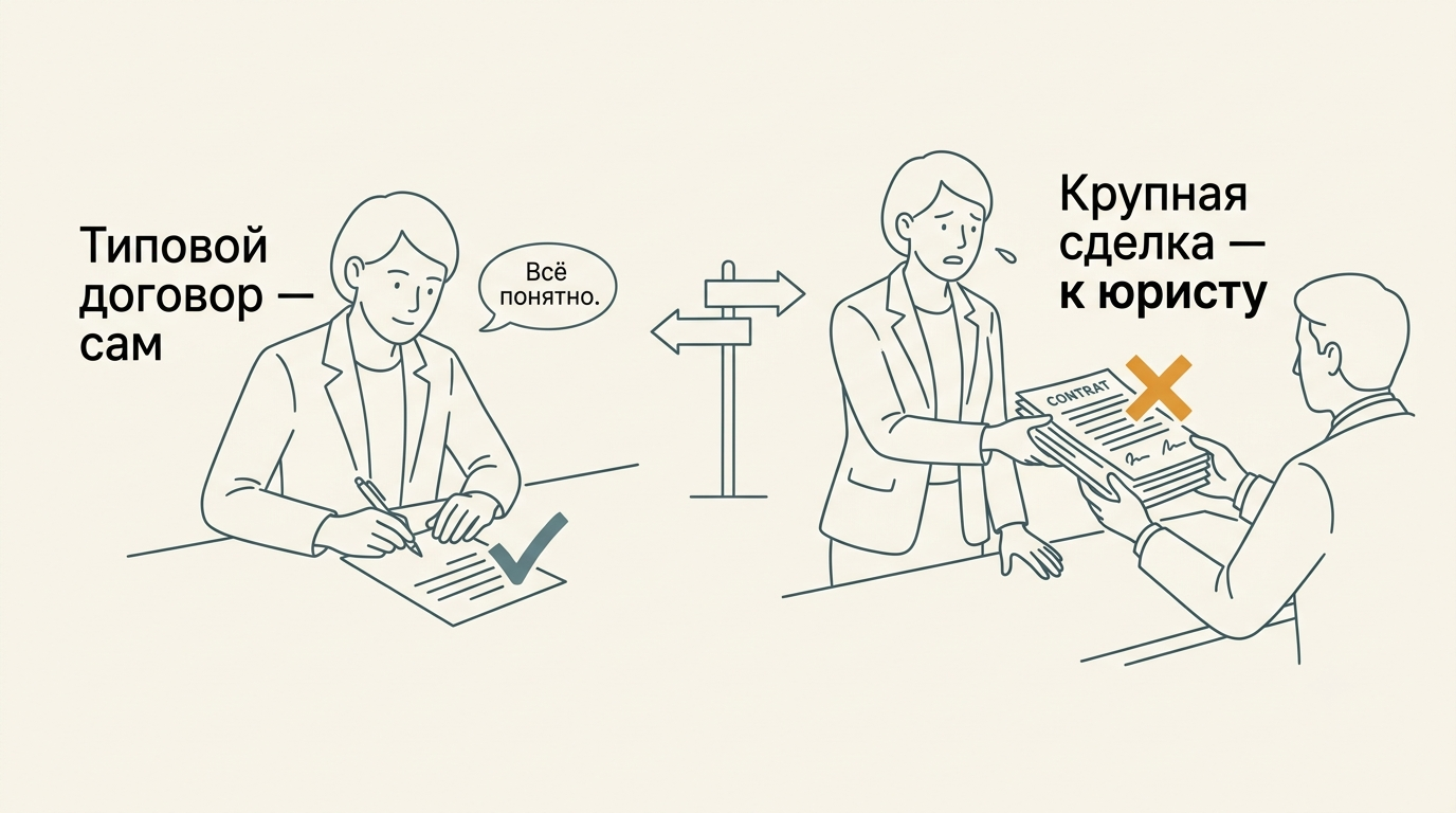 Развилка: типовой договор проверяют сами, крупную сделку отдают юристу