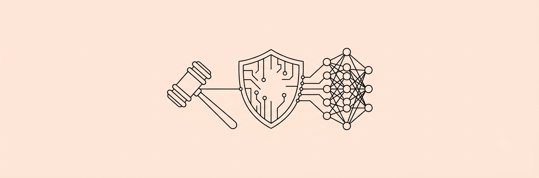 digital shield connecting a legal gavel and AI neural network