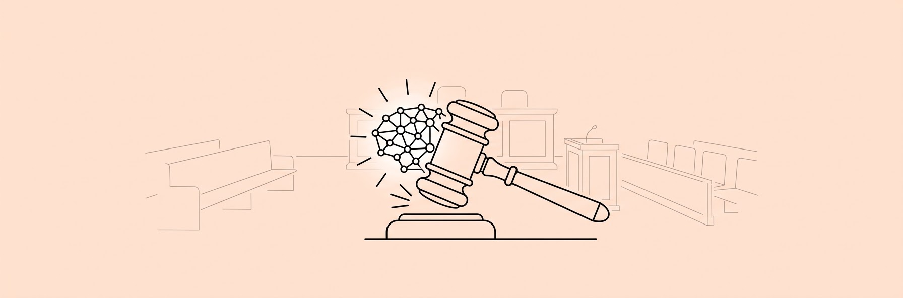 judge gavel and glowing AI brain in a courtroom