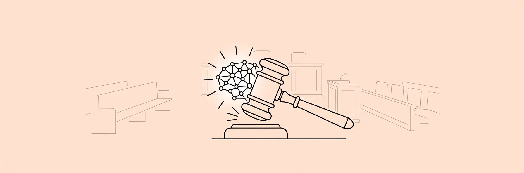 judge gavel and glowing AI brain in a courtroom