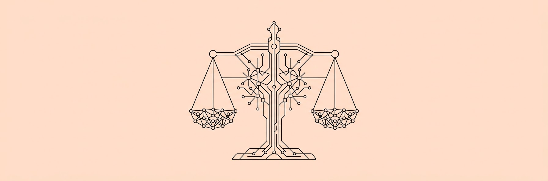 abstract digital law scales integrated with a glowing neural network
