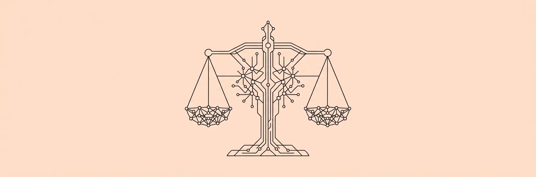 abstract digital law scales integrated with a glowing neural network