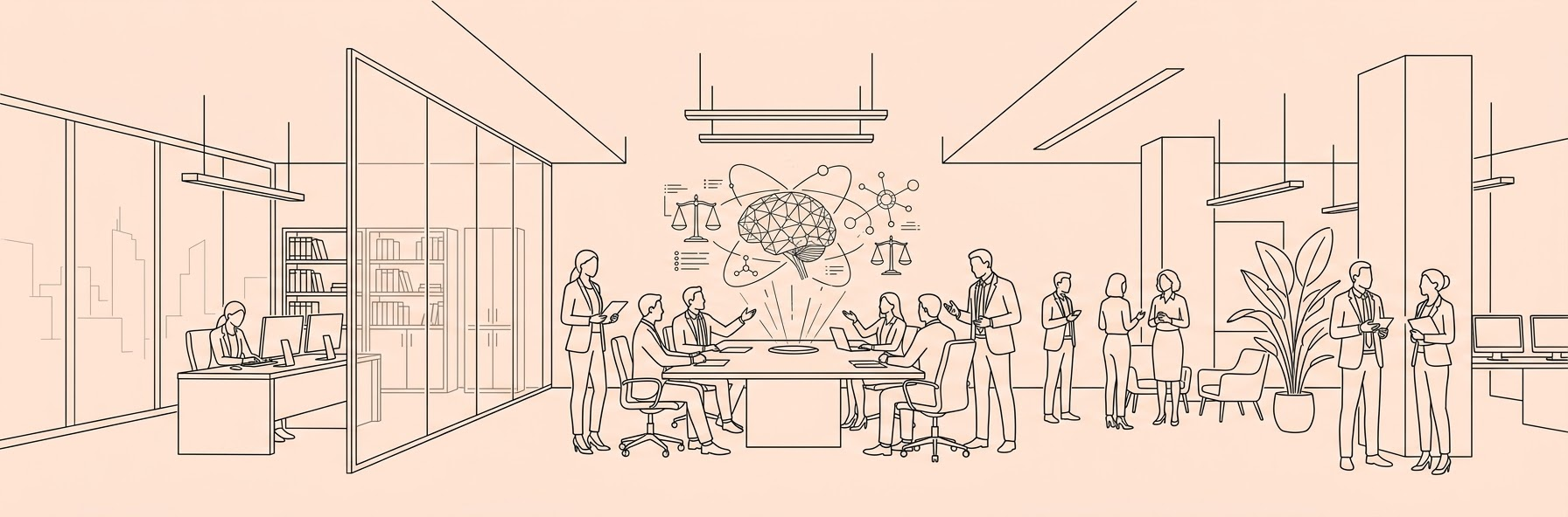 modern law office with artificial intelligence digital hologram and networking professionals