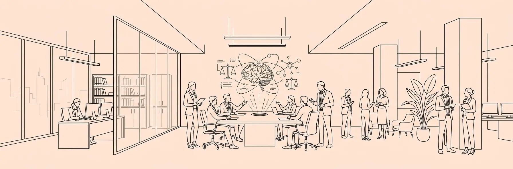 modern law office with artificial intelligence digital hologram and networking professionals