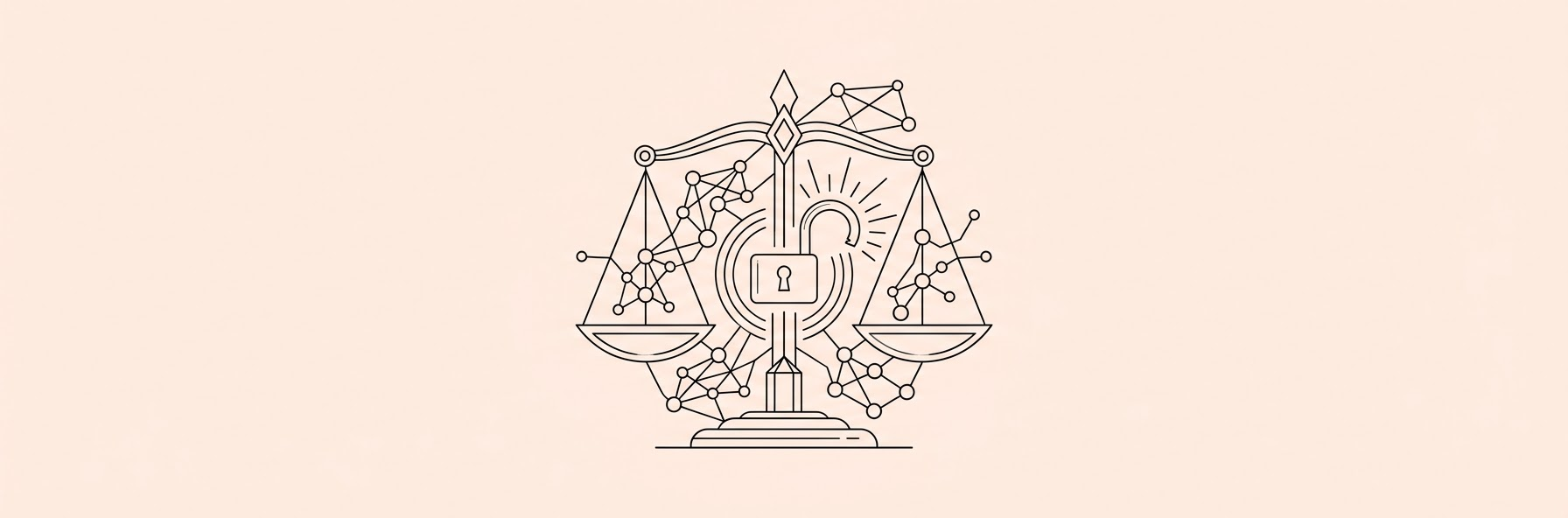 stylized digital scales of justice intertwined with a glowing open padlock and neural network nodes