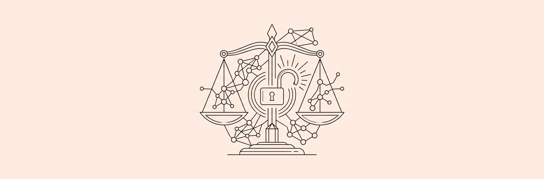 stylized digital scales of justice intertwined with a glowing open padlock and neural network nodes