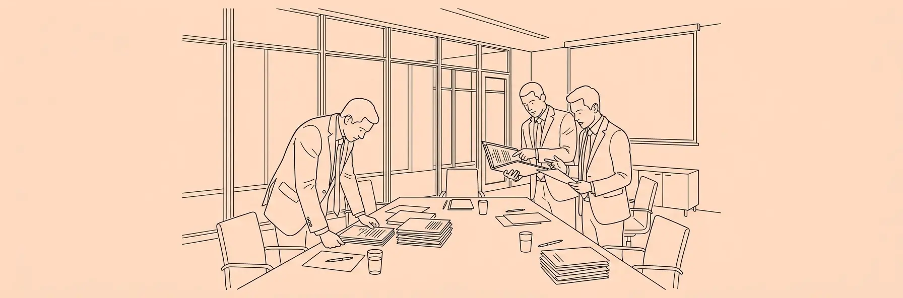 modern glass boardroom with corporate lawyers analyzing documents